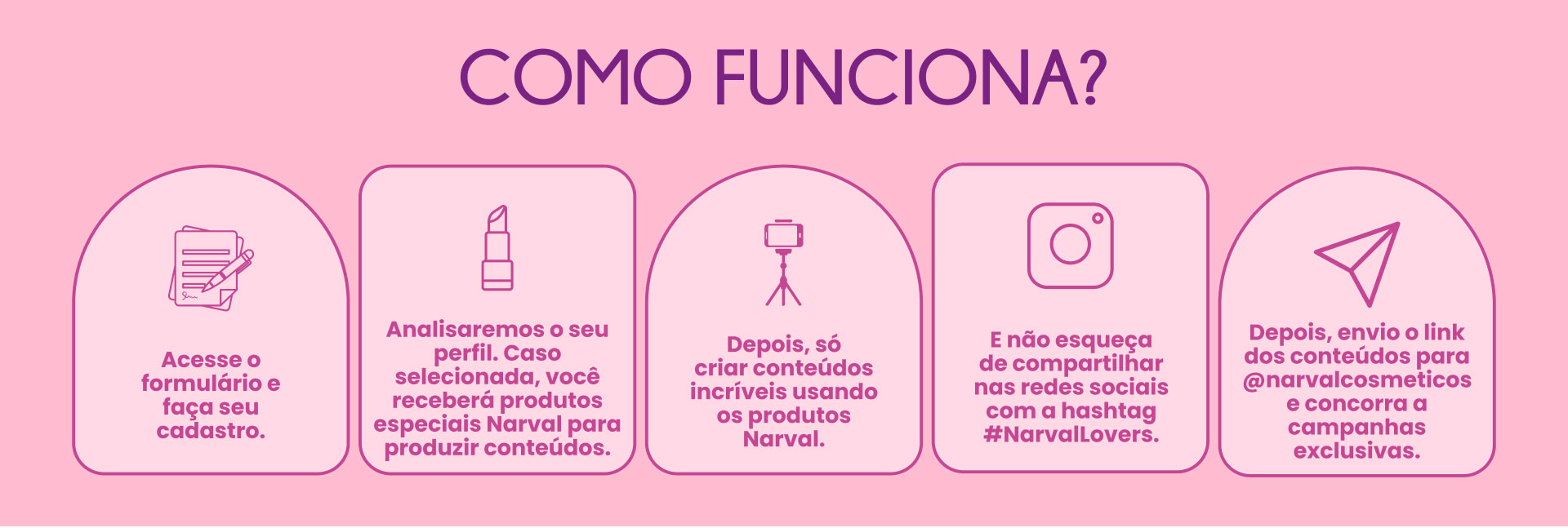 Como funciona? Acesse o formulário e faça seu cadastro; Nós iremos enviar produtos incríveis selecionados de acordo com o seu perfil; Depois, só criar conteúdos incríveis usando os produtos Narval; E não esqueça de compartilhar nas redes sociais com a #NarvalLovers; Depois, envie o link do conteúdo para concorrer a campanhas exclusivas.